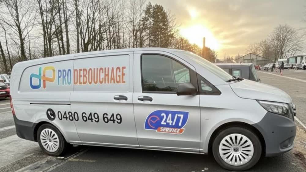 La camionnette Pro Débouchage, avec le nom et le numéro 0480 649 649 sur le flanc.